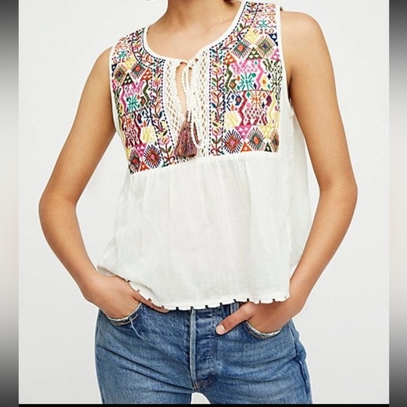 Free People Tops - Free People Lohri Embroidered Boho Tassel Top Size X-Small Ivory Multi